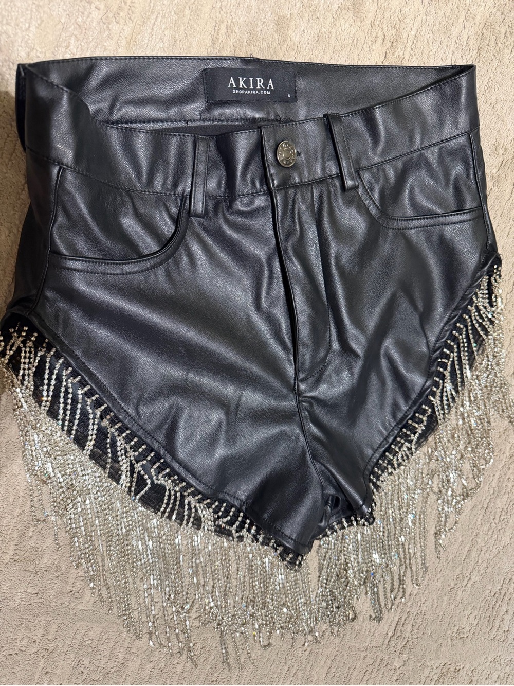 AKIRA Black Faux Leather High-Waist Shorts with Silver Fringe